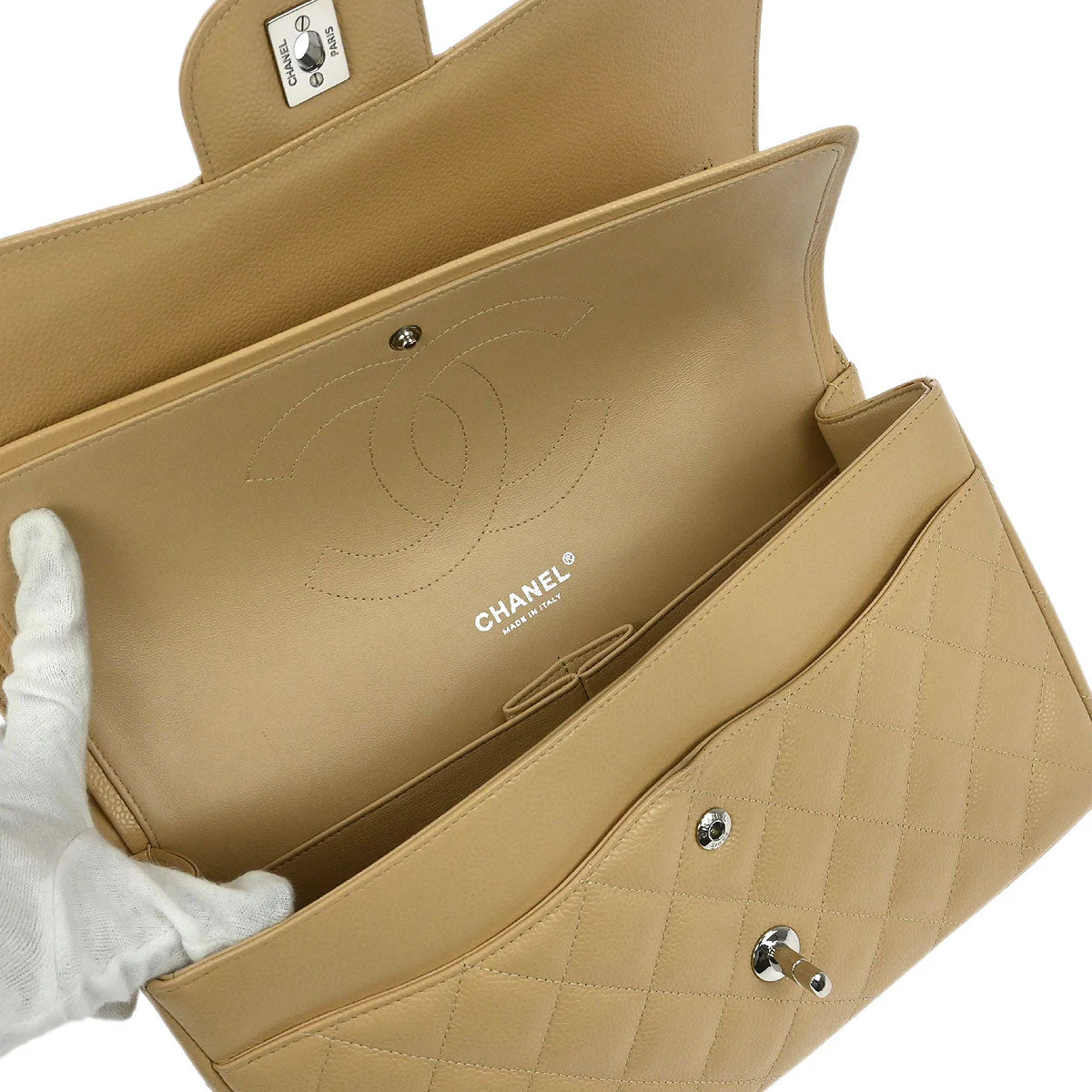 Chanel 2012-2013 Beige Caviar Classic Double Flap Shoulder Bag - Image 8