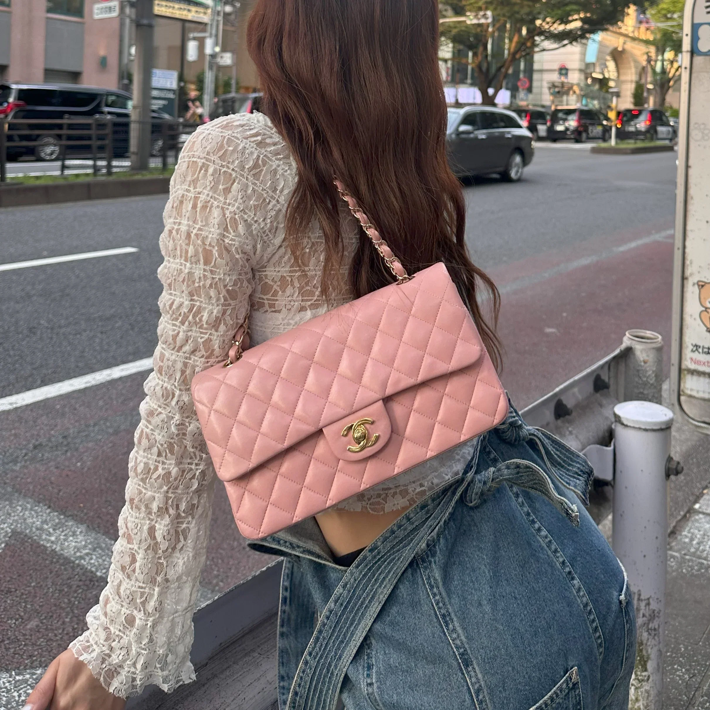 Chanel 2004-2005 Pink Lambskin Medium Classic Double Flap Shoulder Bag - Image 11
