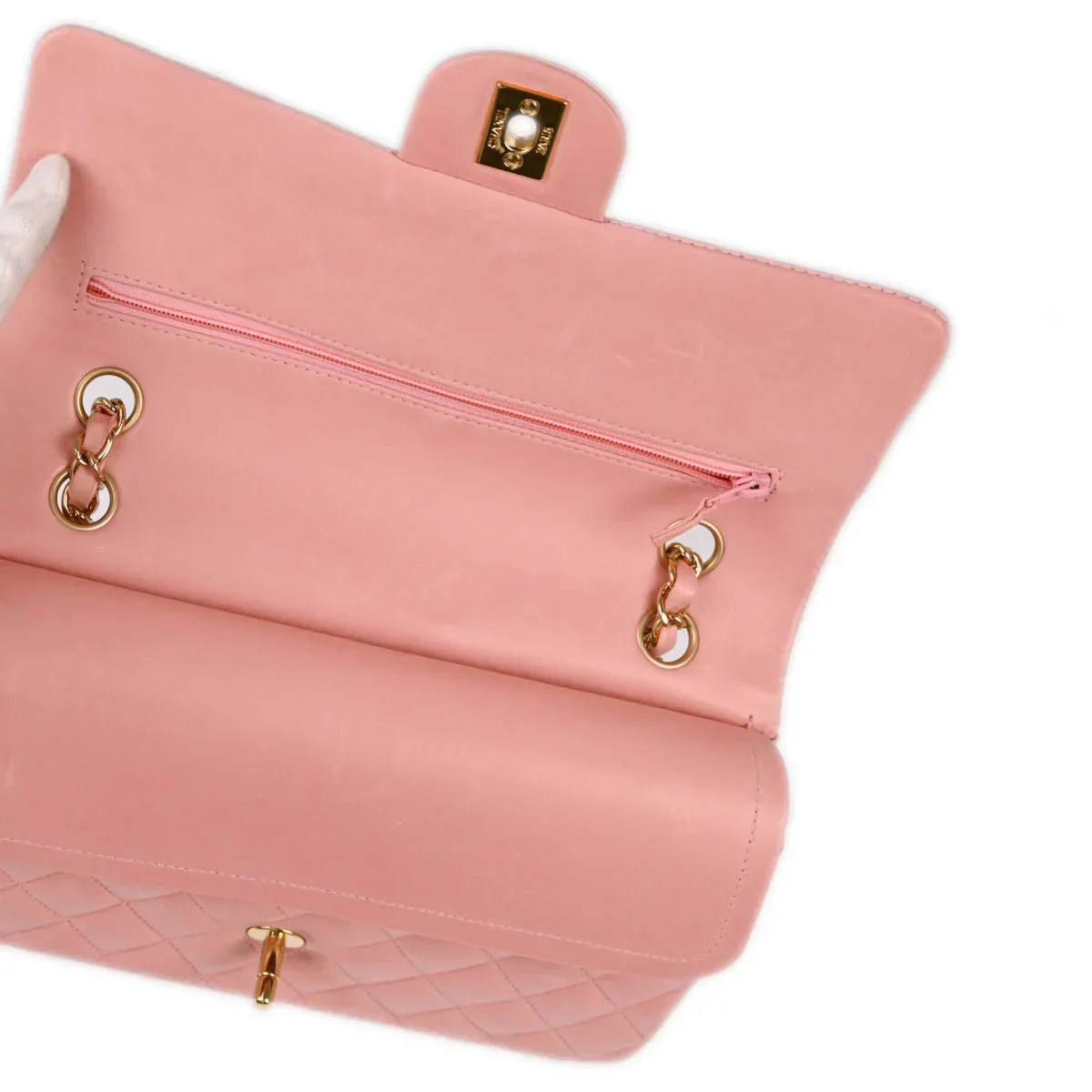 Chanel 2004-2005 Pink Lambskin Medium Classic Double Flap Shoulder Bag - Image 8