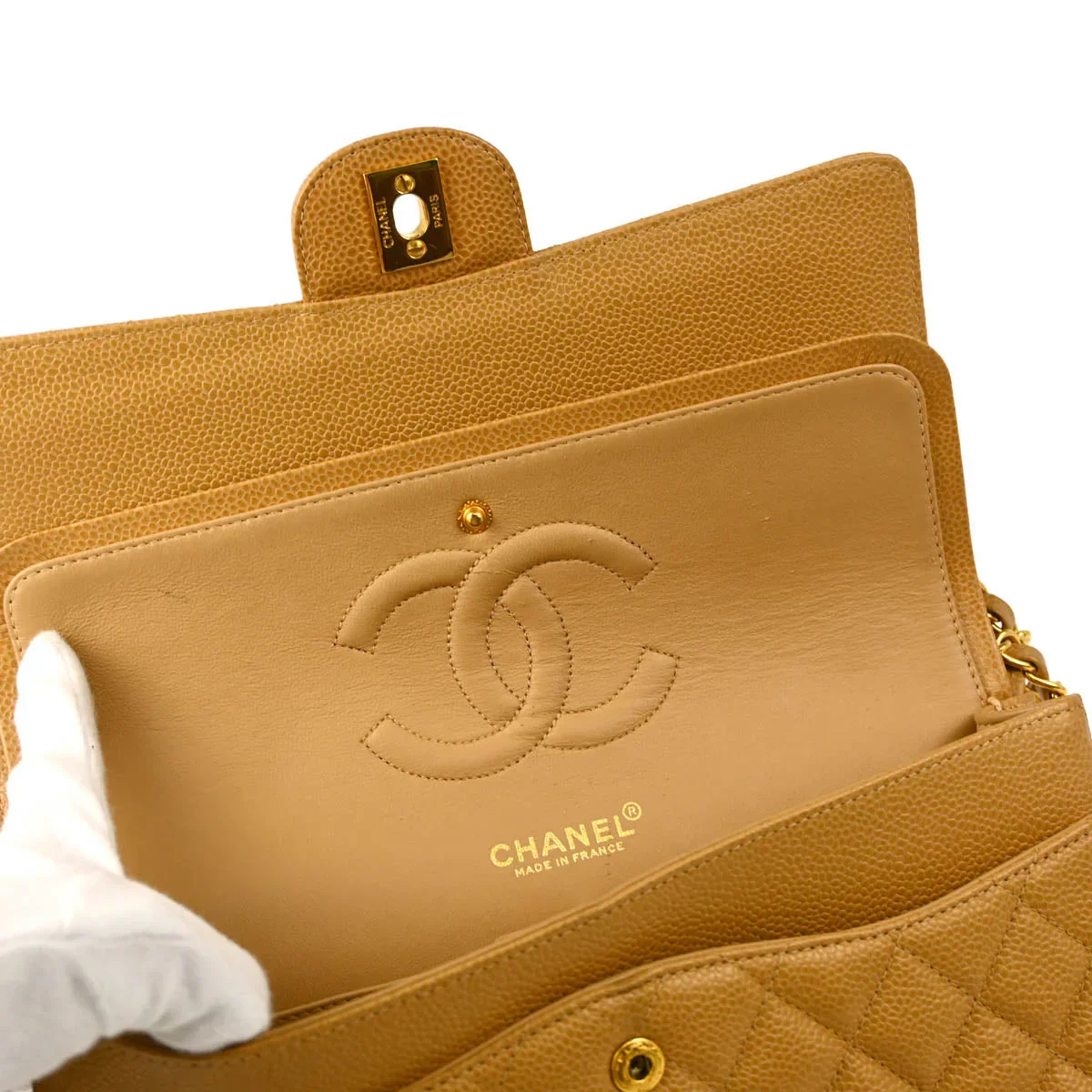 Chanel 2000-2001 Beige Caviar Medium Classic Double Flap Shoulder Bag - Image 10