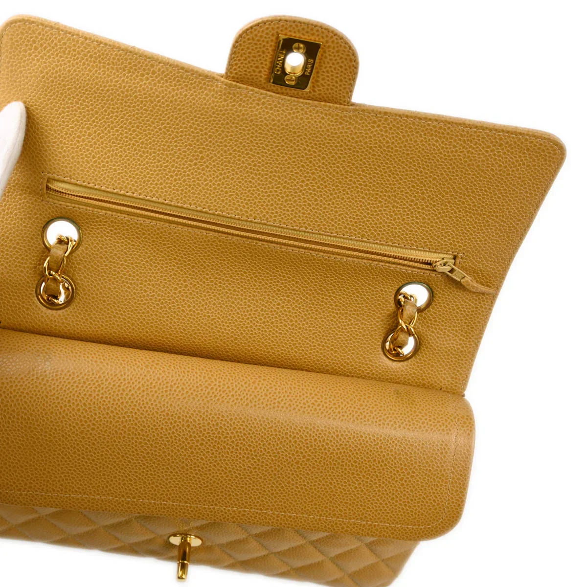 Chanel 2000-2001 Beige Caviar Medium Classic Double Flap Shoulder Bag - Image 6