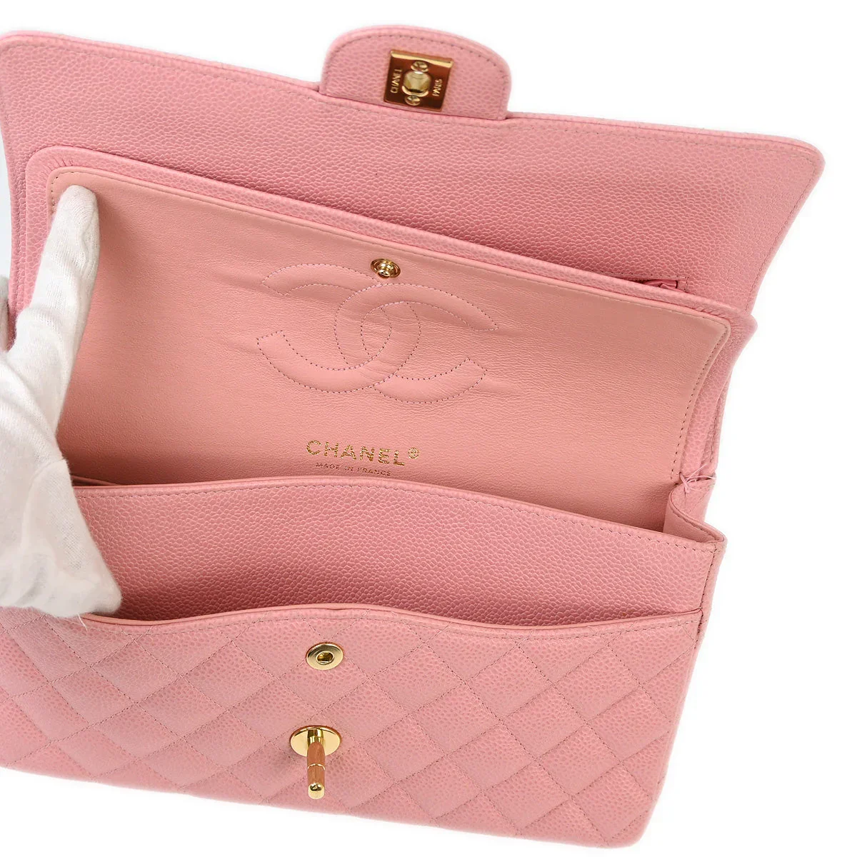 Chanel 2004-2005 Pink Caviar Medium Classic Double Flap Shoulder Bag - Image 8