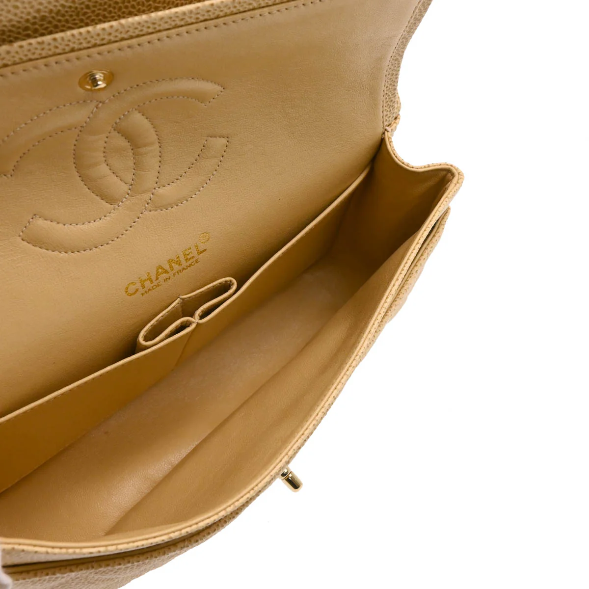 Chanel 2001-2003 Beige Caviar Medium Classic Double Flap Shoulder Bag - Image 4