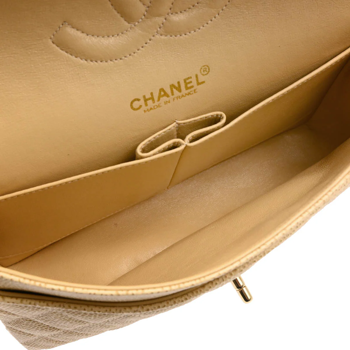 Chanel 2001-2003 Beige Caviar Medium Classic Double Flap Shoulder Bag - Image 9