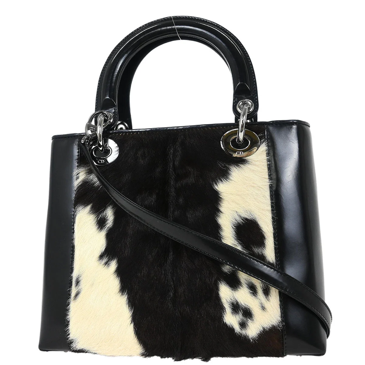 Christian Dior * Black White Fur Medium Lady Dior 2way Shoulder Handbag - Image 2