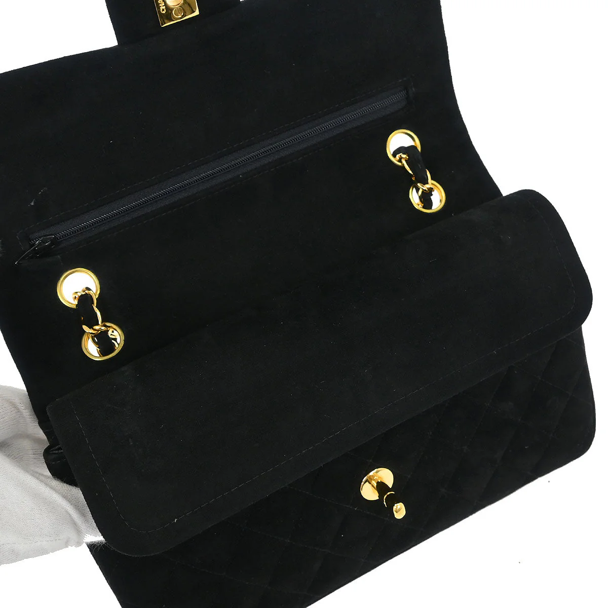 Chanel 1997-1999 Black Suede Medium Classic Double Flap Shoulder Bag - Image 6