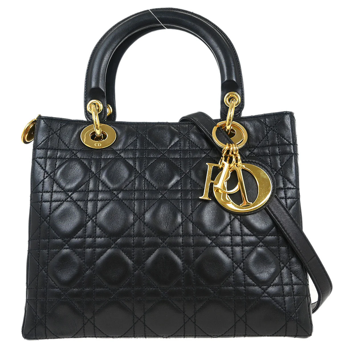 Christian Dior Black Lambskin Medium Lady Dior Cannage 2way Shoulder Handbag