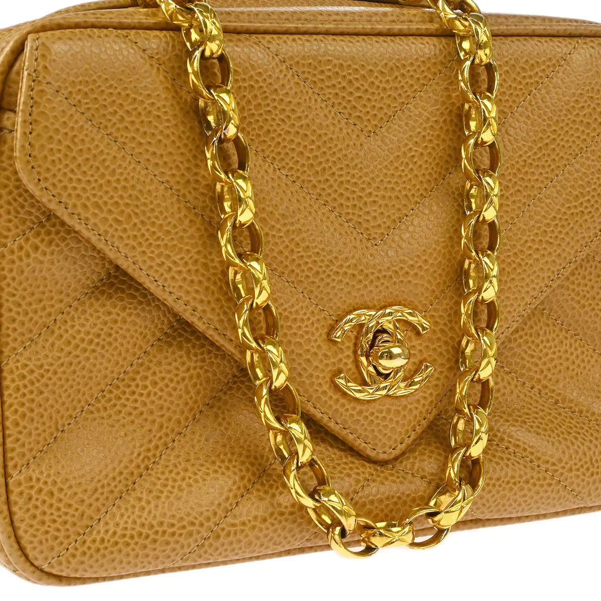 Chanel 1991-1994 Beige Caviar Chevron Camera Bag Mini - Image 3