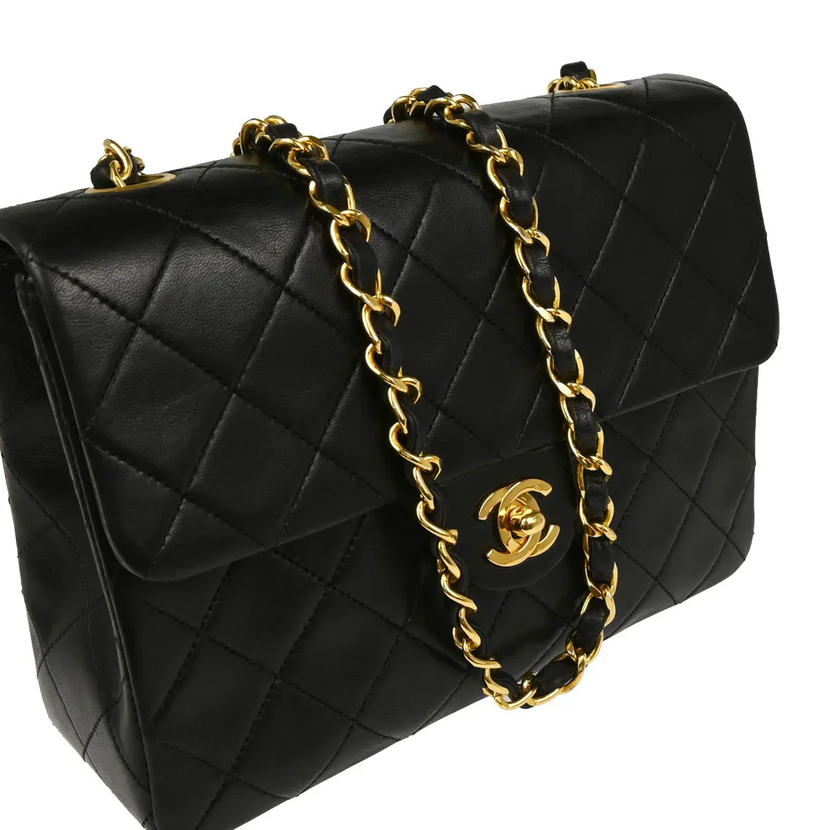 Chanel 1989-1991 Black Lambskin Classic Square Flap Shoulder Bag - Image 3
