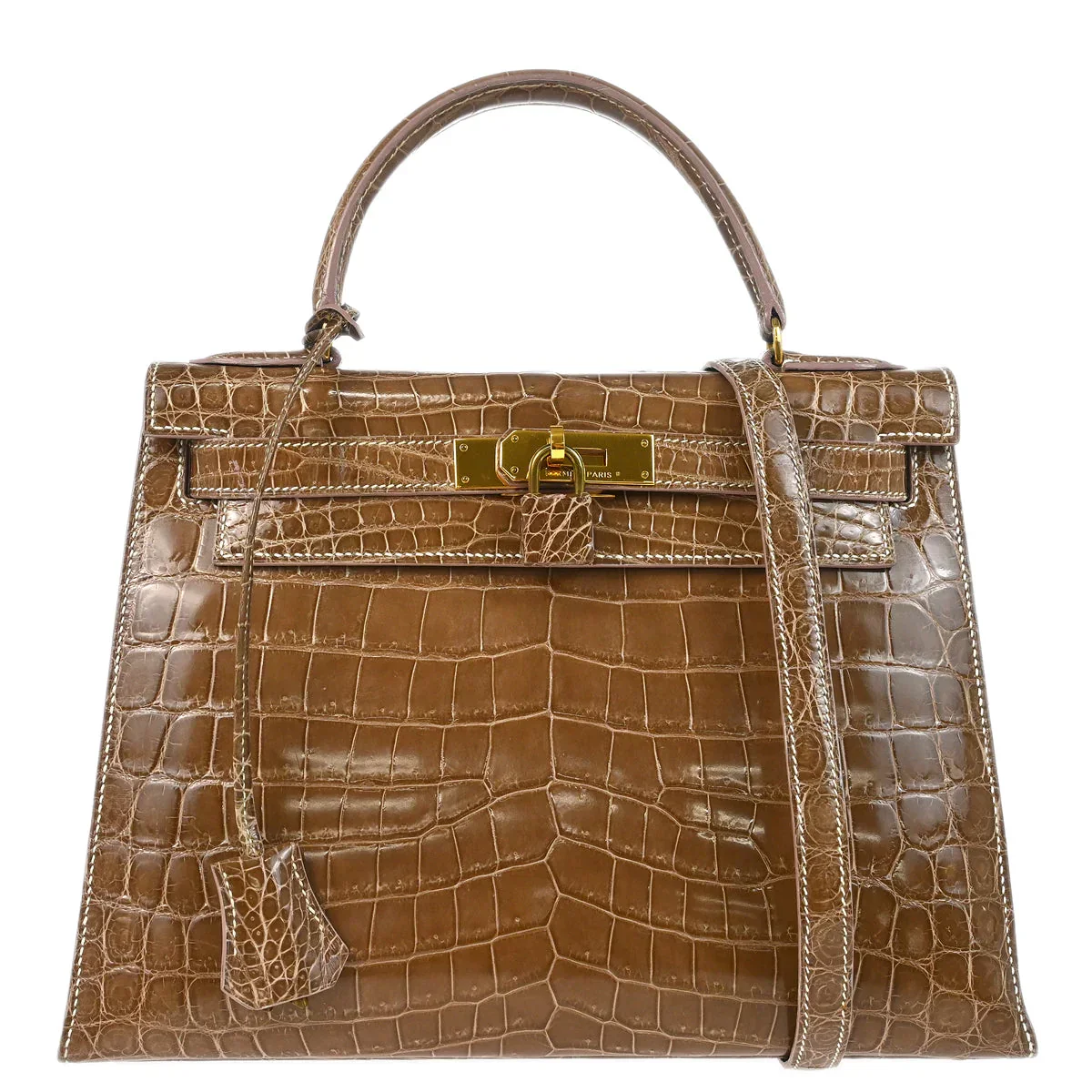Hermes * 1991 Brown Niloticus Crocodile Kelly 28 Sellier 2way Shoulder Handbag