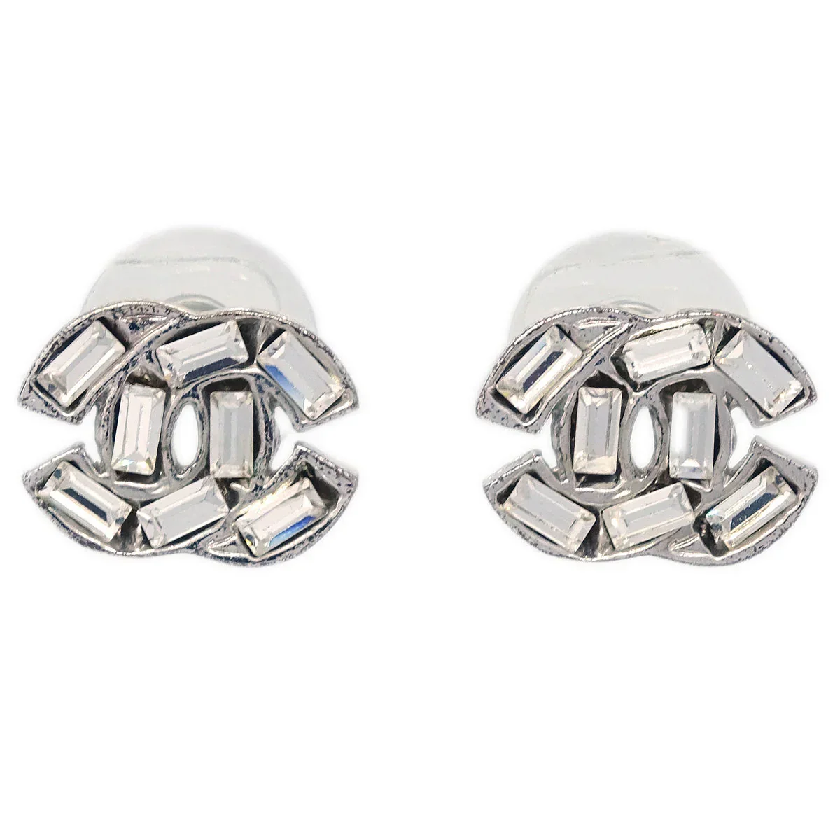 Chanel CC Piercing Earrings Silver Rhinestone 01P