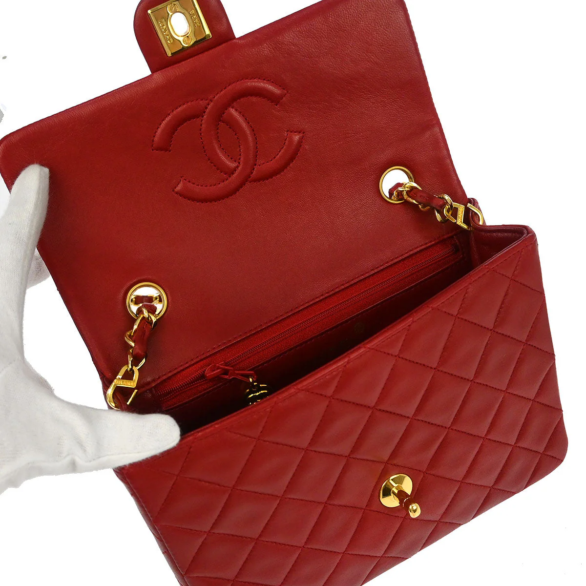 Chanel 1989-1991 Red Lambskin Classic Square Flap Shoulder Bag - Image 7