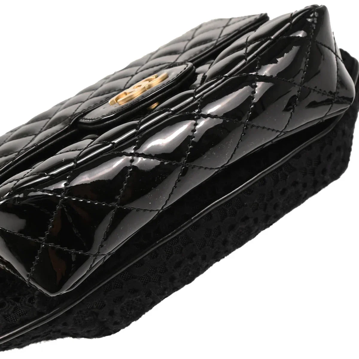 Chanel 2009-2010 Black Patent Leather Dentelle Twin Shoulder Bag - Image 4
