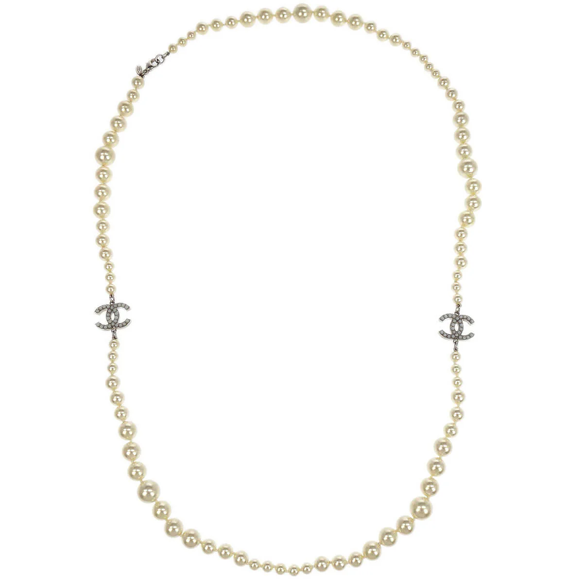 Chanel Costume Pearl Chain Necklace Silver 08V