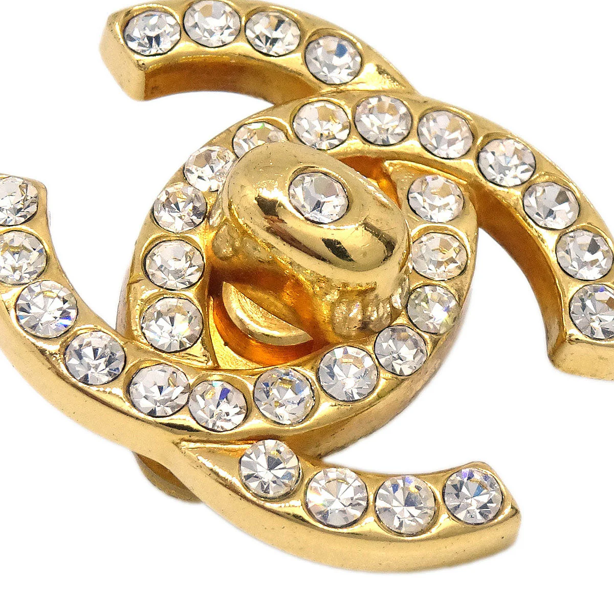 Chanel CC Turnlock Clip-On Earrings Gold Rhinestone Large 97P - Image 2