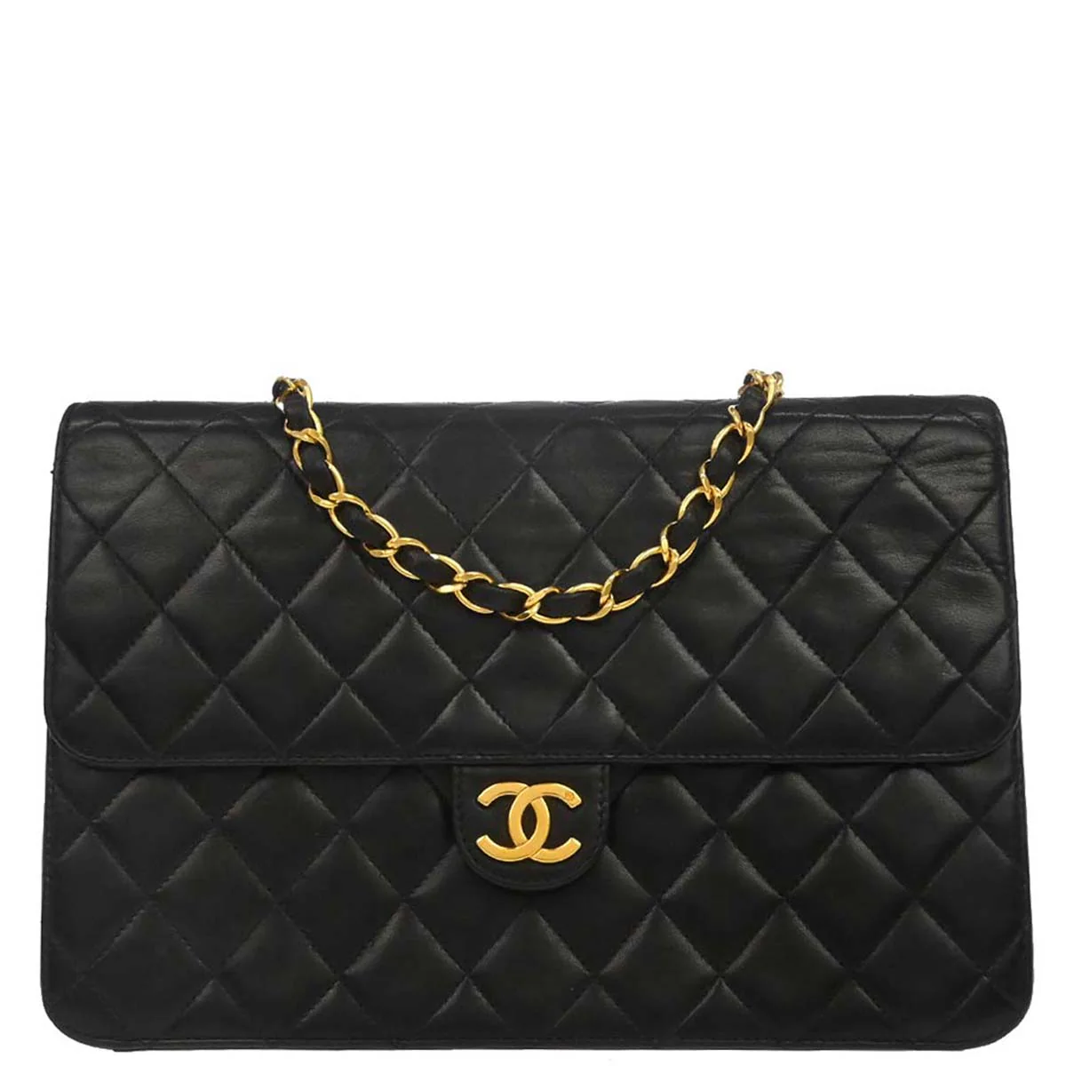 Chanel 1996-1997 Black Lambskin Pushlock Medium Half Flap Shoulder Bag