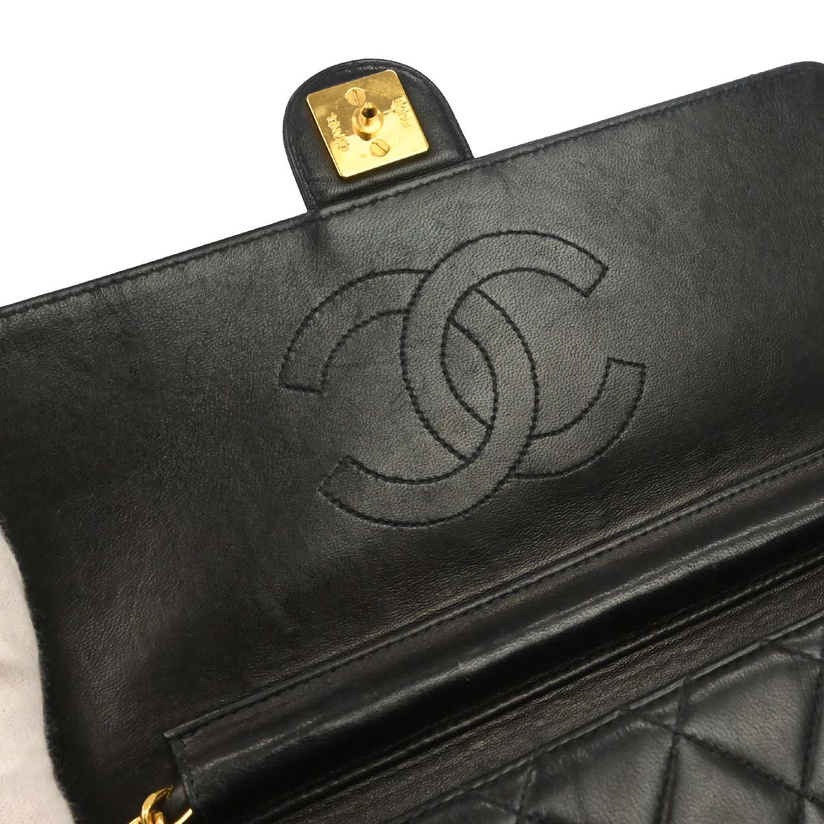 Chanel 1996-1997 Black Lambskin Pushlock Medium Half Flap Shoulder Bag - Image 11