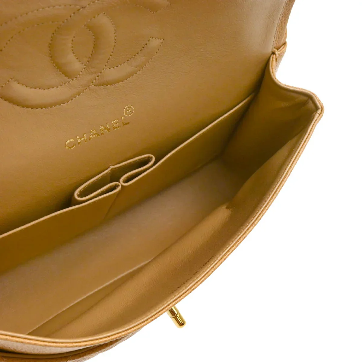 Chanel 1994-1996 Beige Caviar Medium Classic Double Flap Shoulder Bag - Image 4