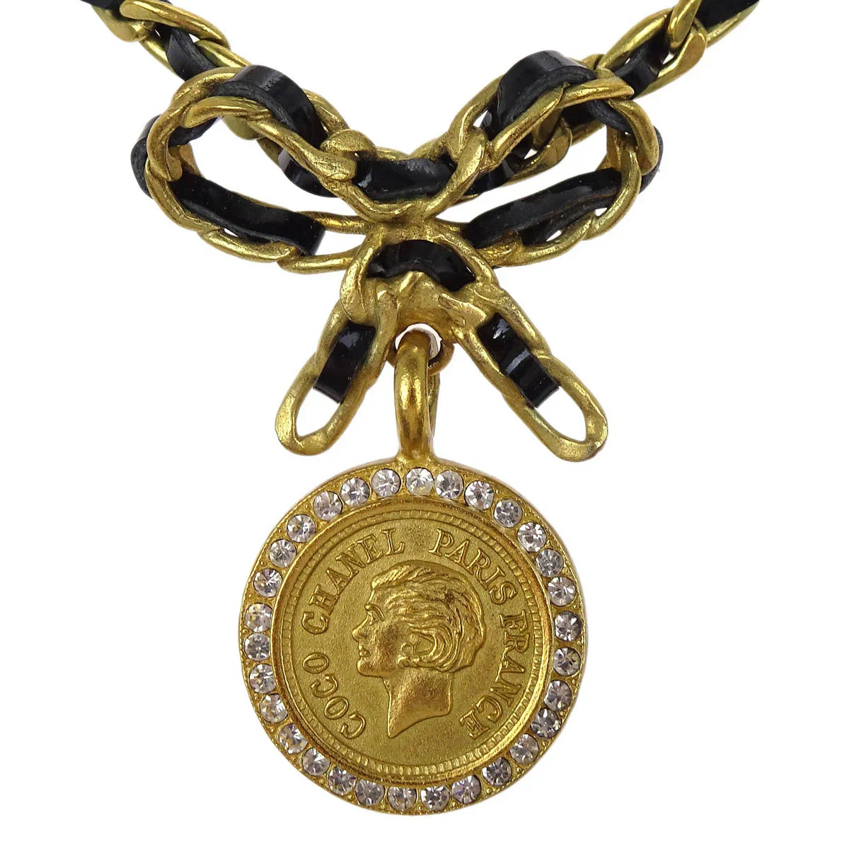 Chanel Gold Black Bow Medallion Rhinestone Choker Necklace 95P - Image 2