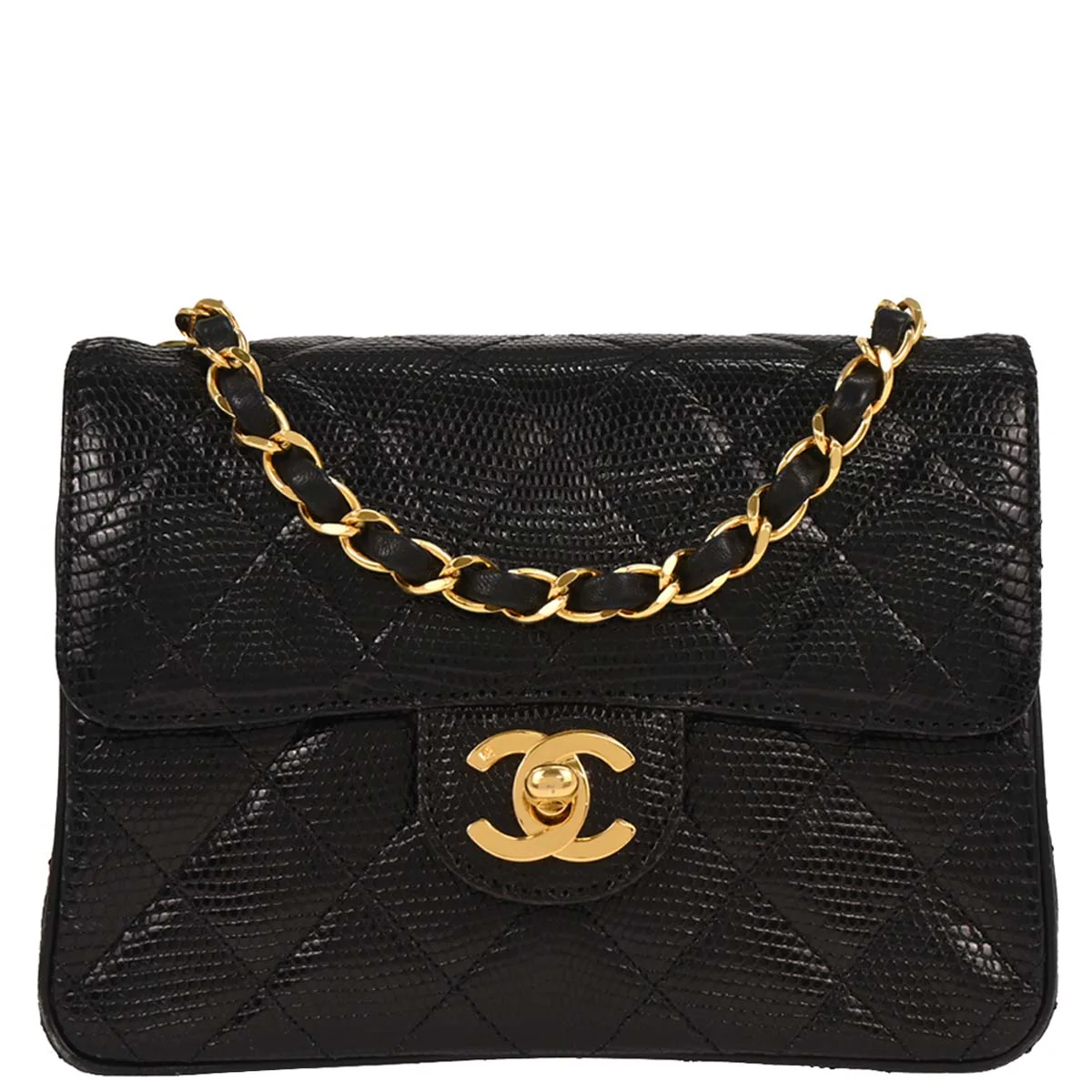 Chanel 1991-1994 * Black Lizard Mini Classic Square Flap Shoulder Bag
