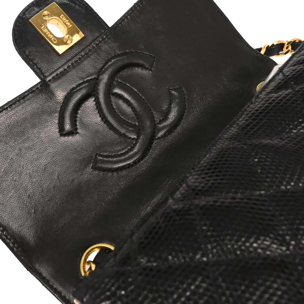 Chanel 1991-1994 * Black Lizard Mini Classic Square Flap Shoulder Bag - Image 6