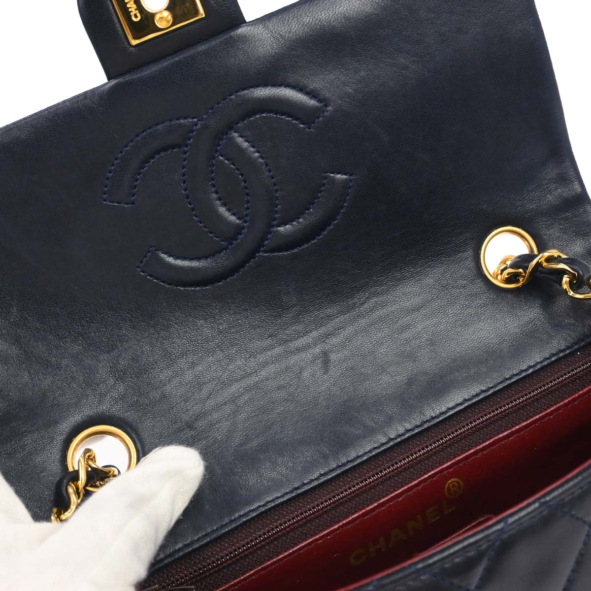 Chanel Navy Lambskin Classic Square Flap Shoulder Bag 20 - Image 12